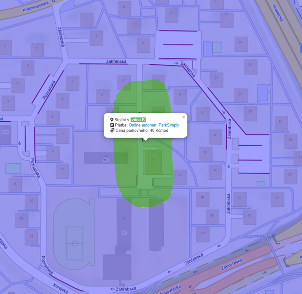 Obrázek č. 2: Záhadný ostrov celodenní regulace parkování uprostřed Žabovřesk. Zdroj: https://www.parkovanivbrne.cz/mapa/